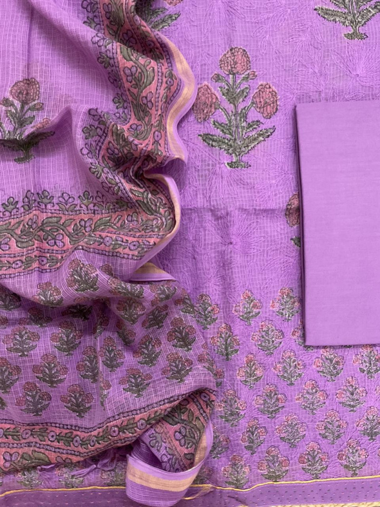 Image of Pure Kota Cotton Block Printed Embroidered Suit - Purple