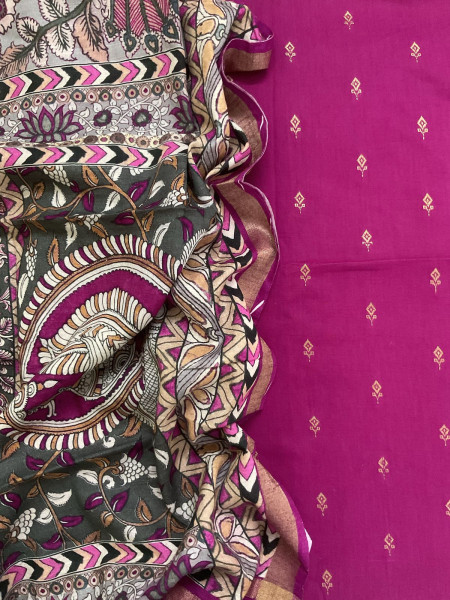 Image of Pure Slub Cotton Printed Self Weaved Suit - Pink