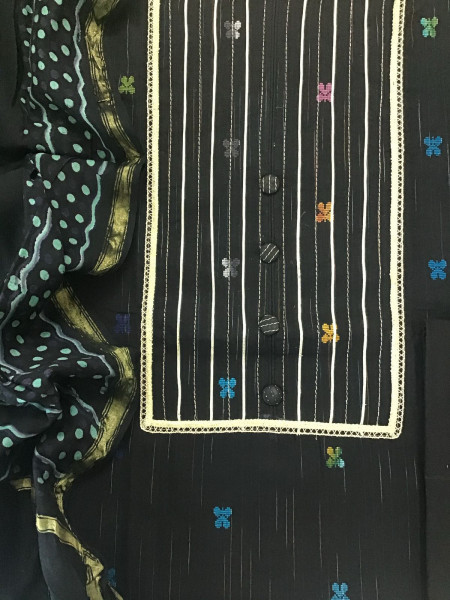 Image of Pure Fine Ikkat Cotton Self Weaved Embroidered Suit - Black