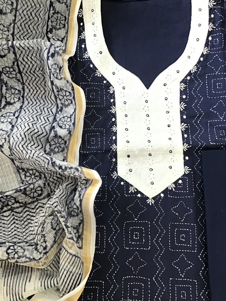 Image of Pure Cotton Embroidered Suit - Blue