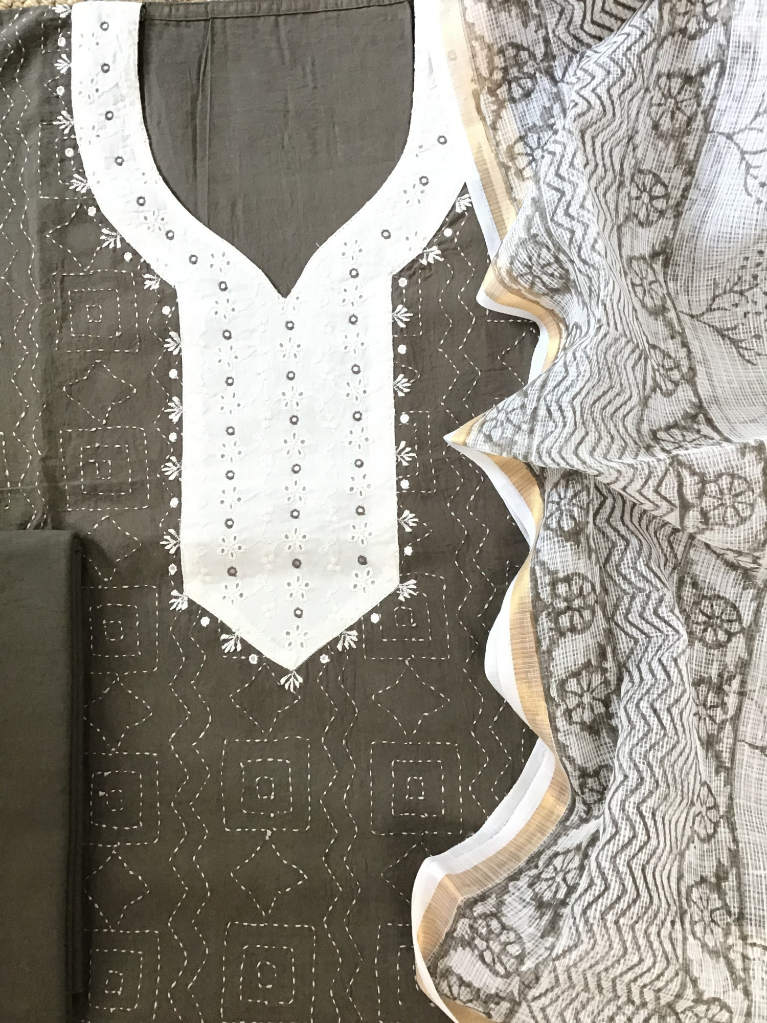 Pure Cotton Embroidered Suit - Brown