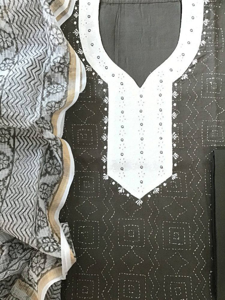 Image of Pure Cotton Embroidered Suit - Brown