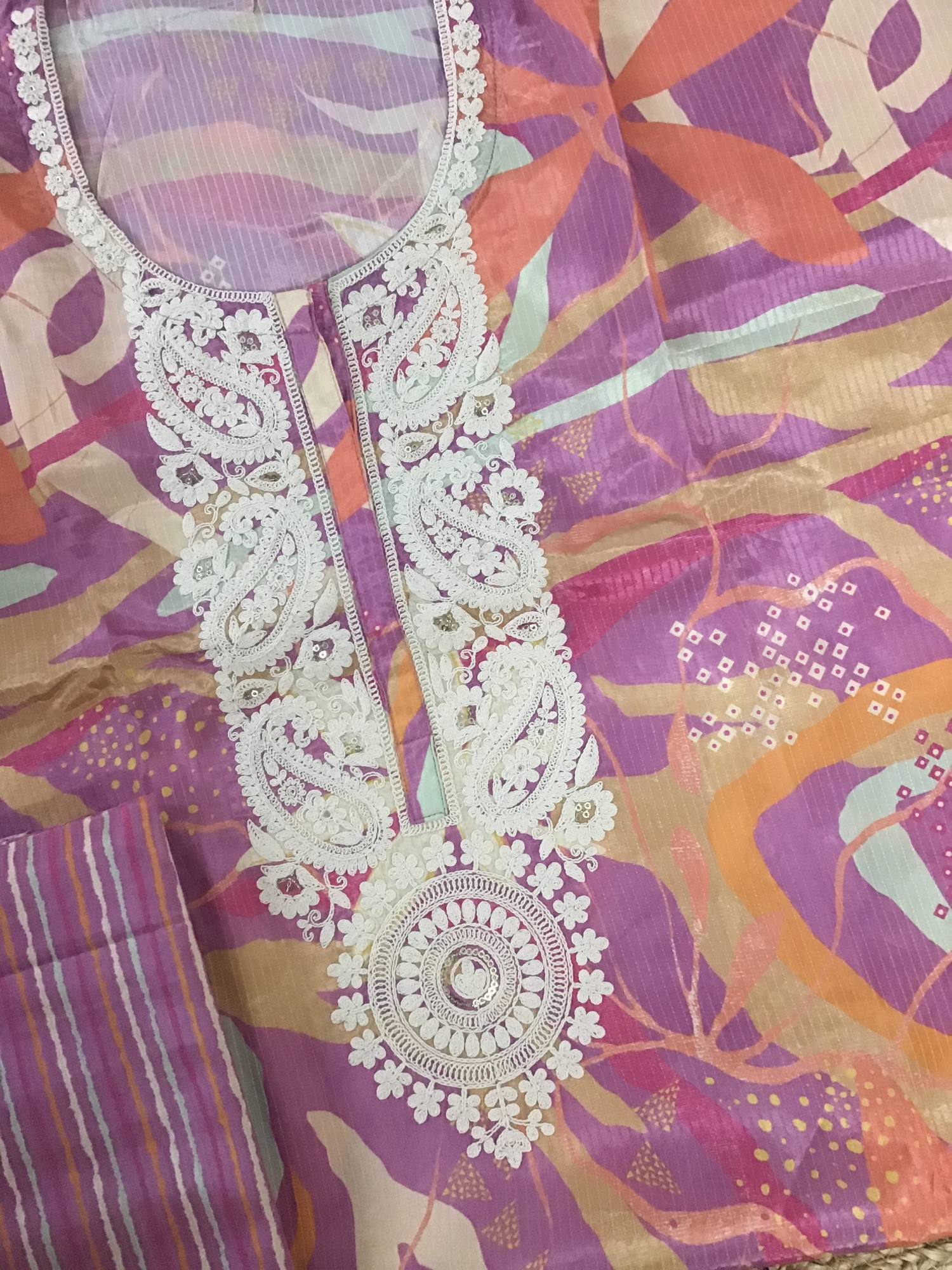 Pure Muslin Printed Embroidered Self Weaved Suit - Mauve