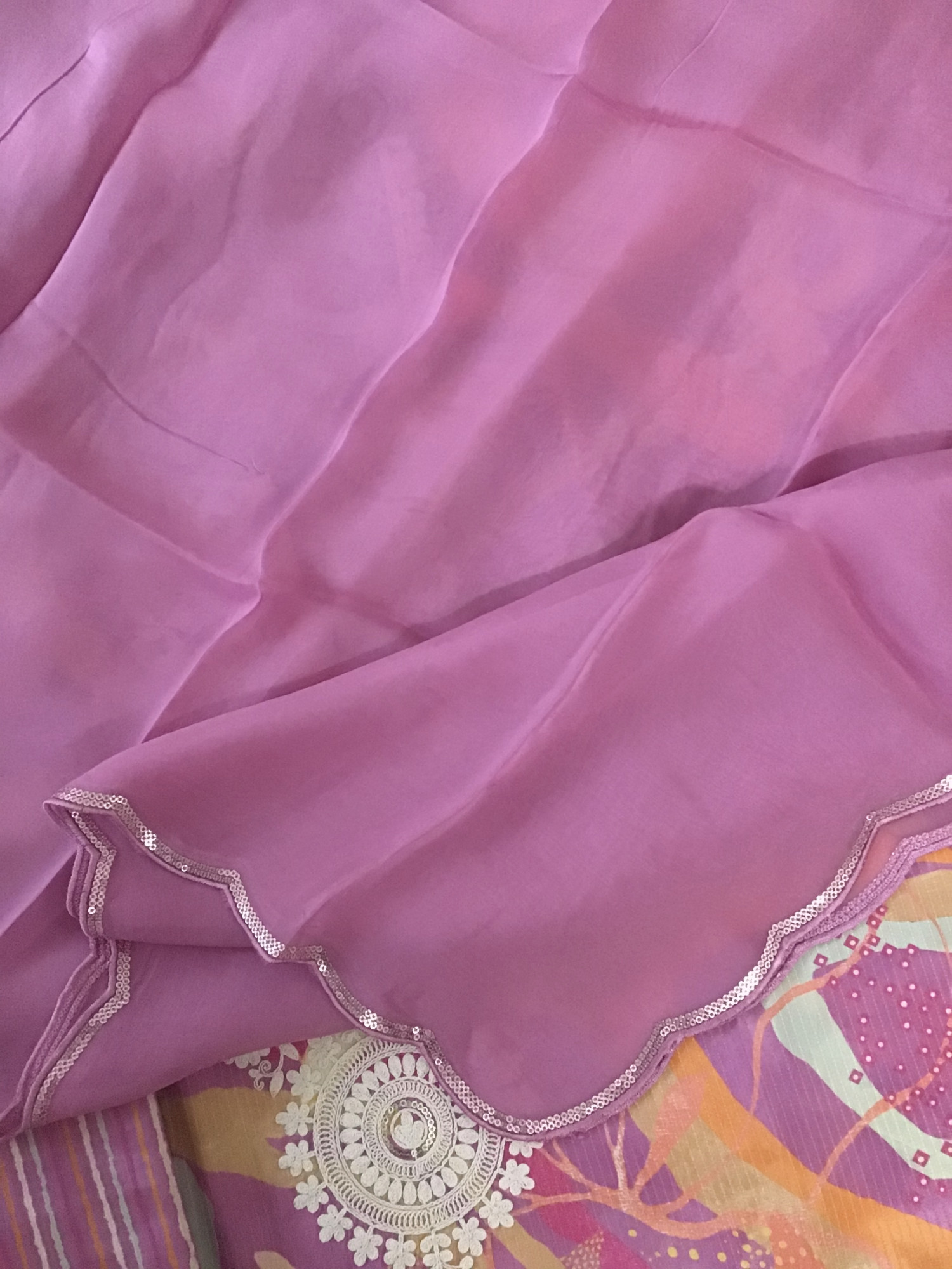 Pure Muslin Printed Embroidered Self Weaved Suit - Mauve
