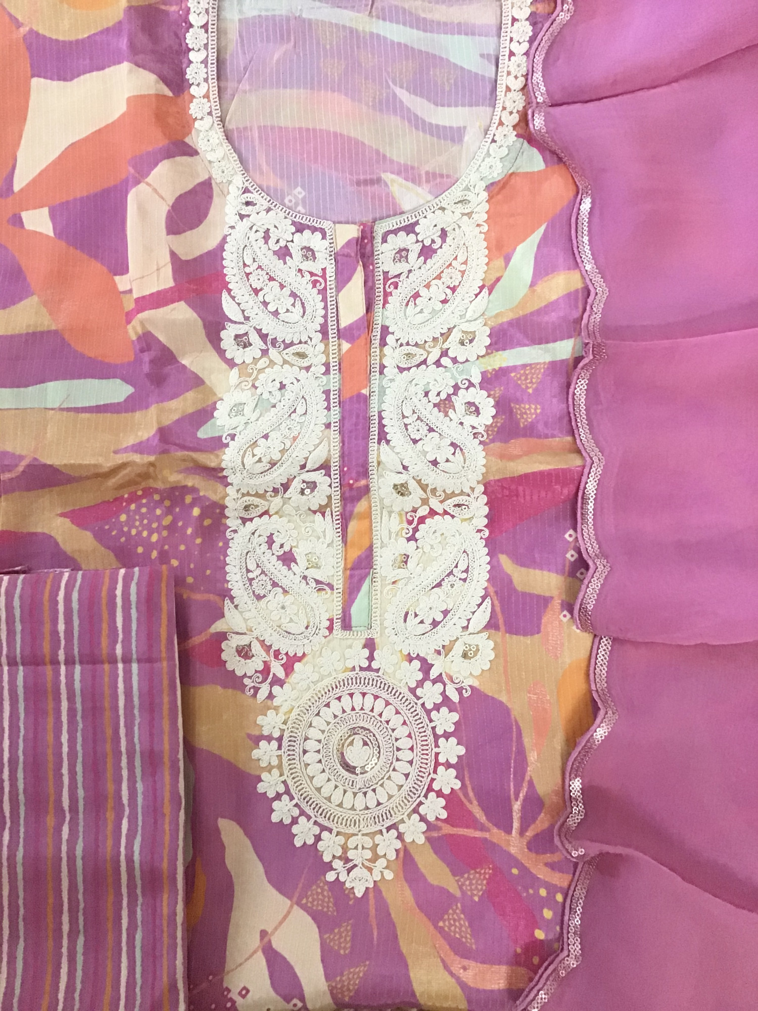 Pure Muslin Printed Embroidered Self Weaved Suit - Mauve