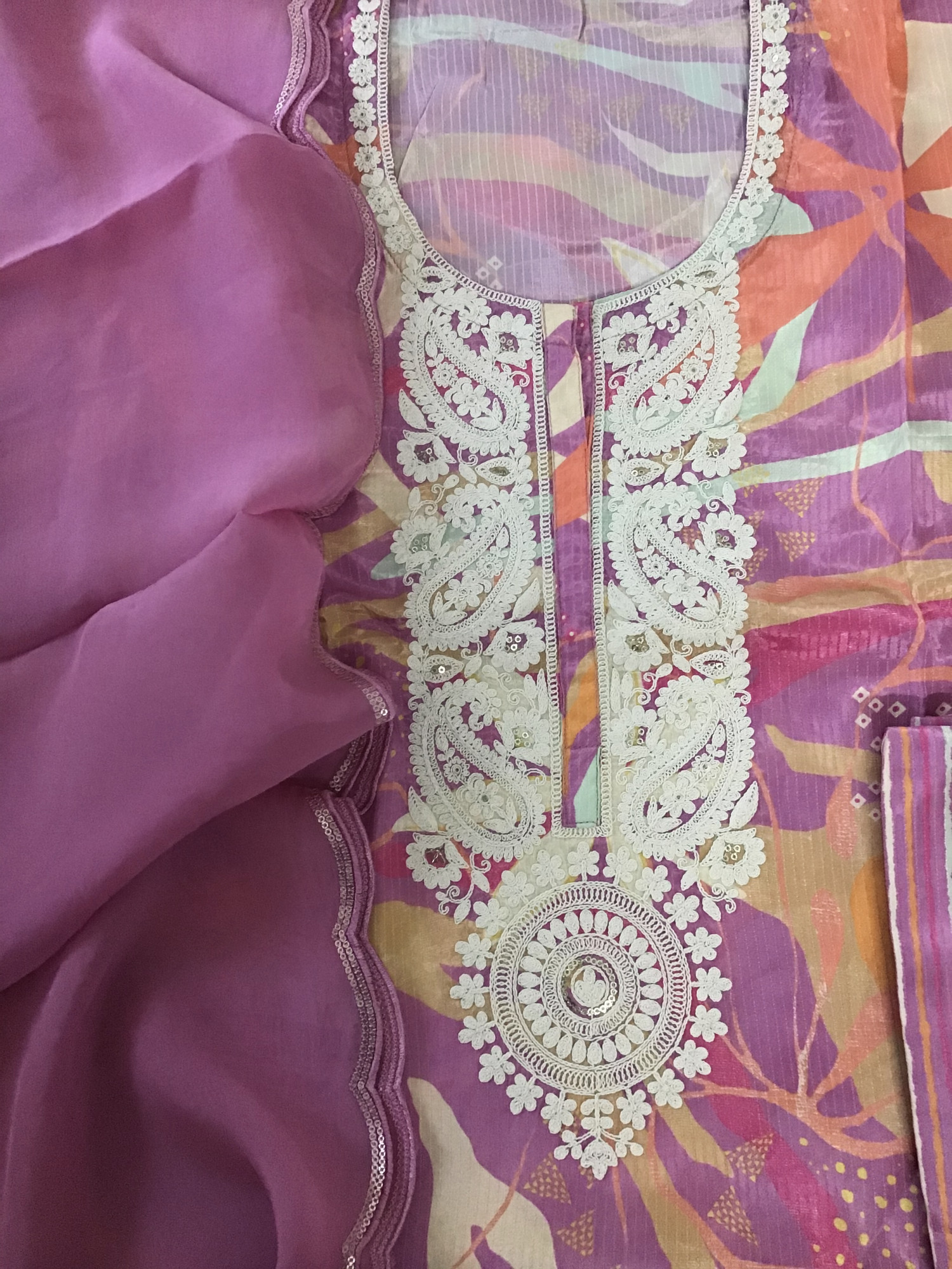 Pure Muslin Printed Embroidered Self Weaved Suit - Mauve