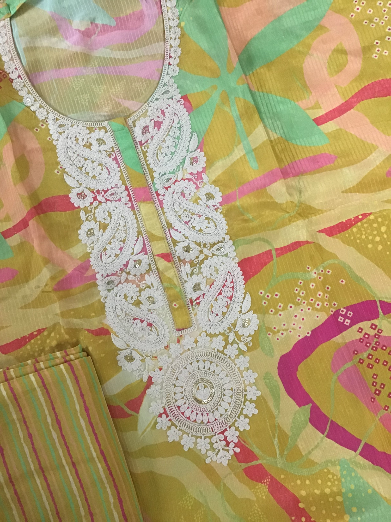 Pure Muslin Printed Embroidered Self Weaved Suit - Mustard