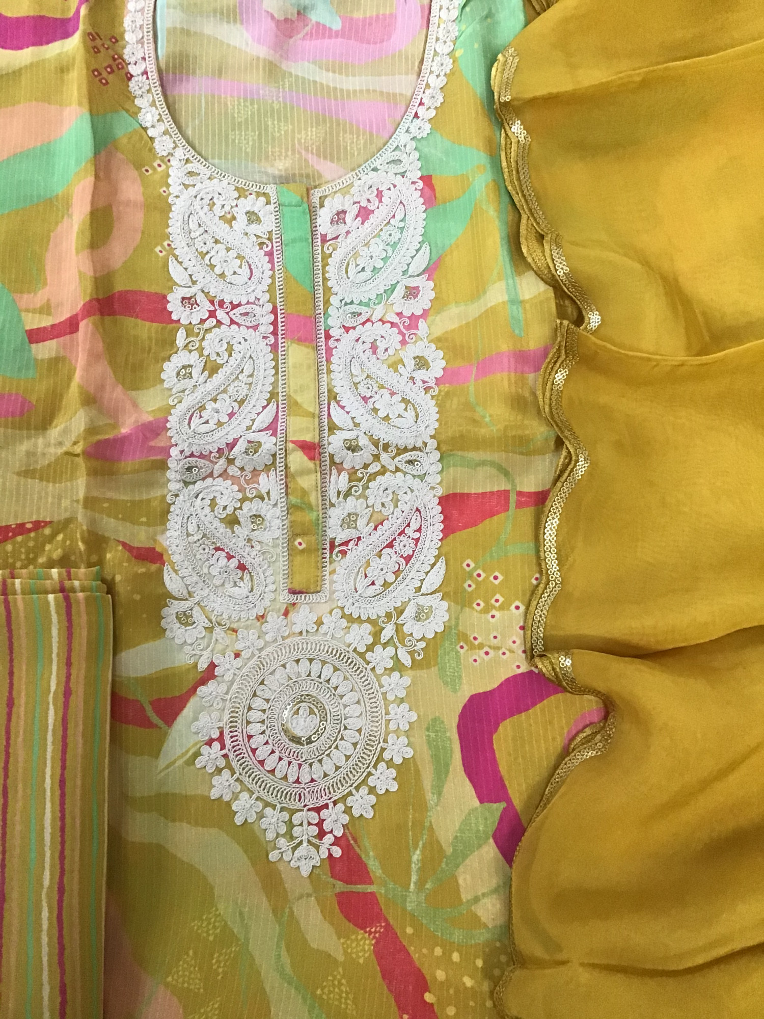 Pure Muslin Printed Embroidered Self Weaved Suit - Mustard