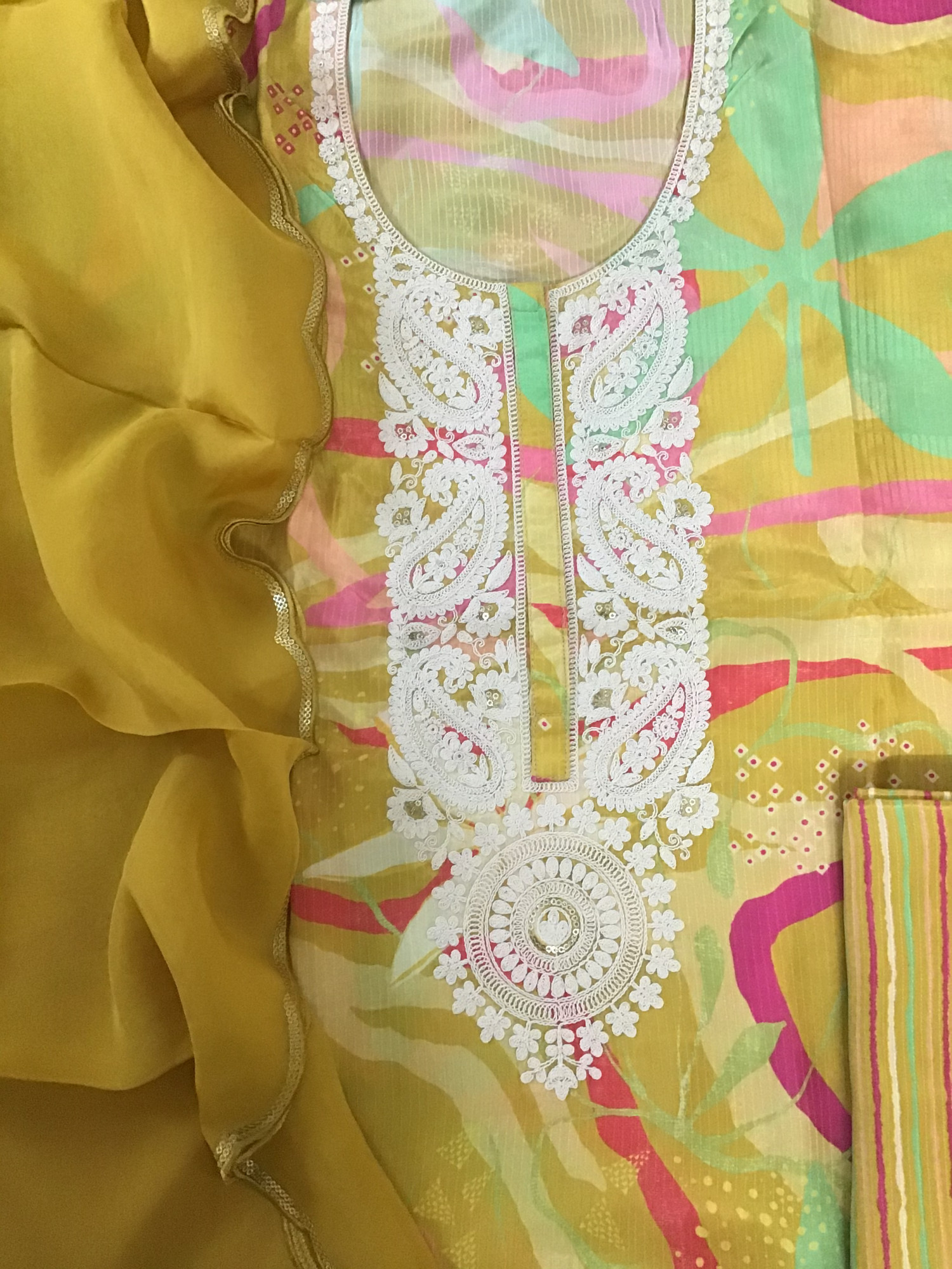 Pure Muslin Printed Embroidered Self Weaved Suit - Mustard