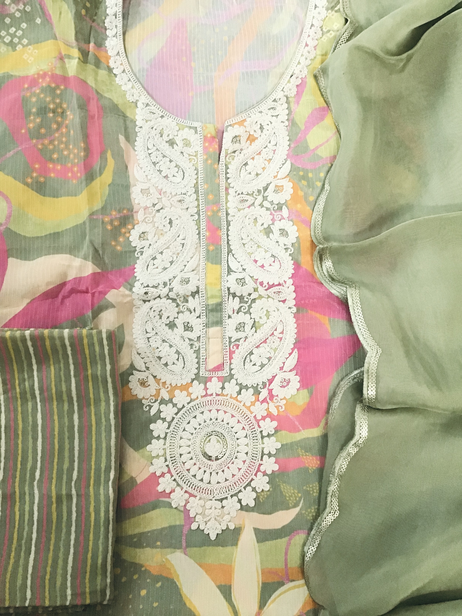 Pure Muslin Silk Printed Embroidered Suit - Green