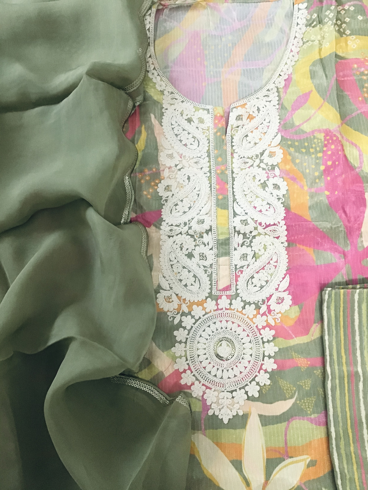 Pure Muslin Silk Printed Embroidered Suit - Green
