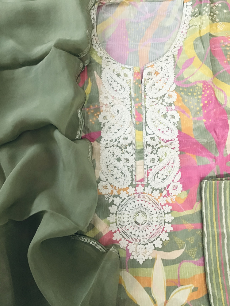 Image of Pure Muslin Silk Printed Embroidered Suit - Green