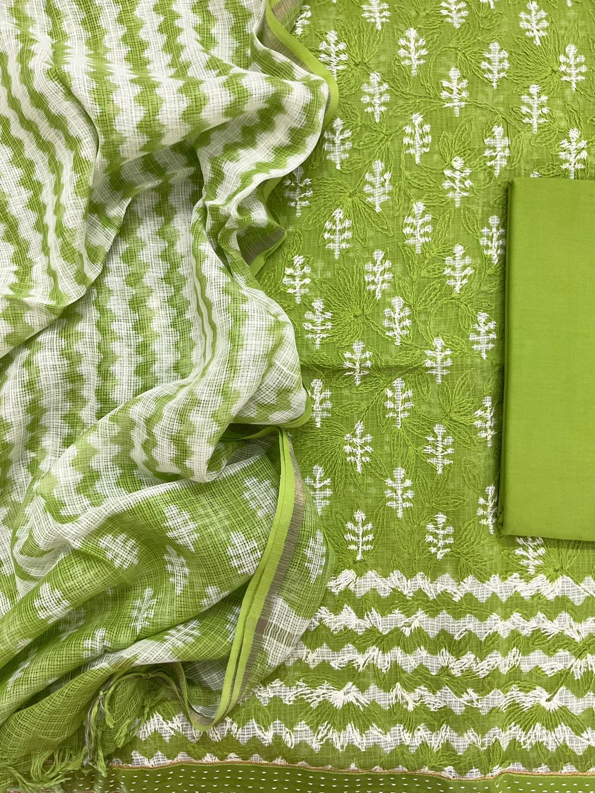 Pure Kota Cotton Block Printed Embroidered Suit - Green