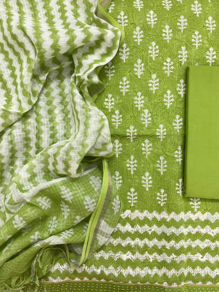 Image of Pure Kota Cotton Block Printed Embroidered Suit - Green