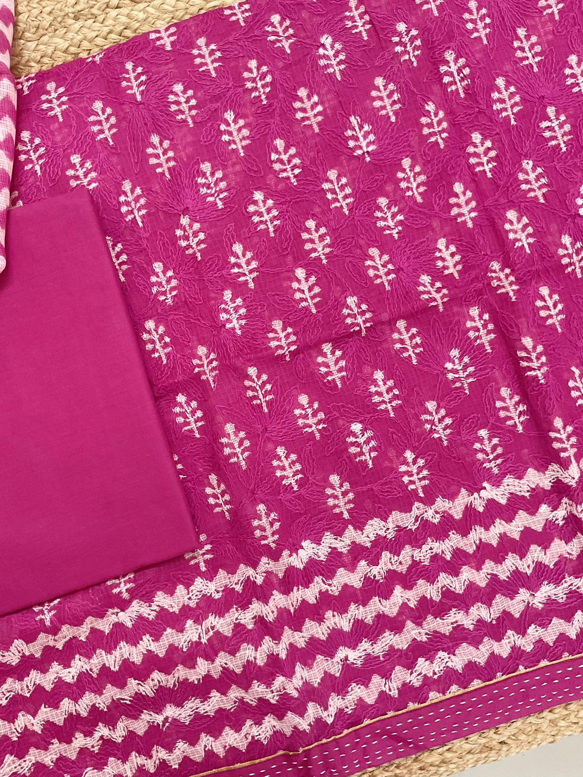 Pure Kota Cotton Block Printed Embroidered Suit - Pink