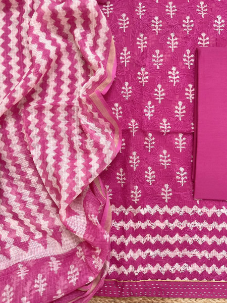 Image of Pure Kota Cotton Block Printed Embroidered Suit - Pink