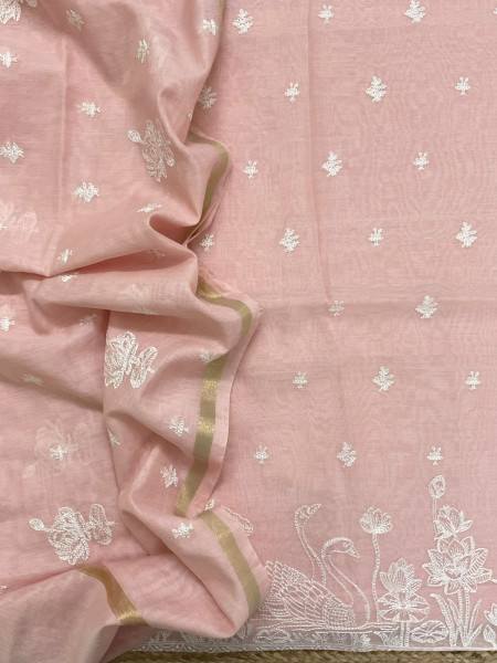 Image of Soft Chanderi Embroidered Suit - Peach