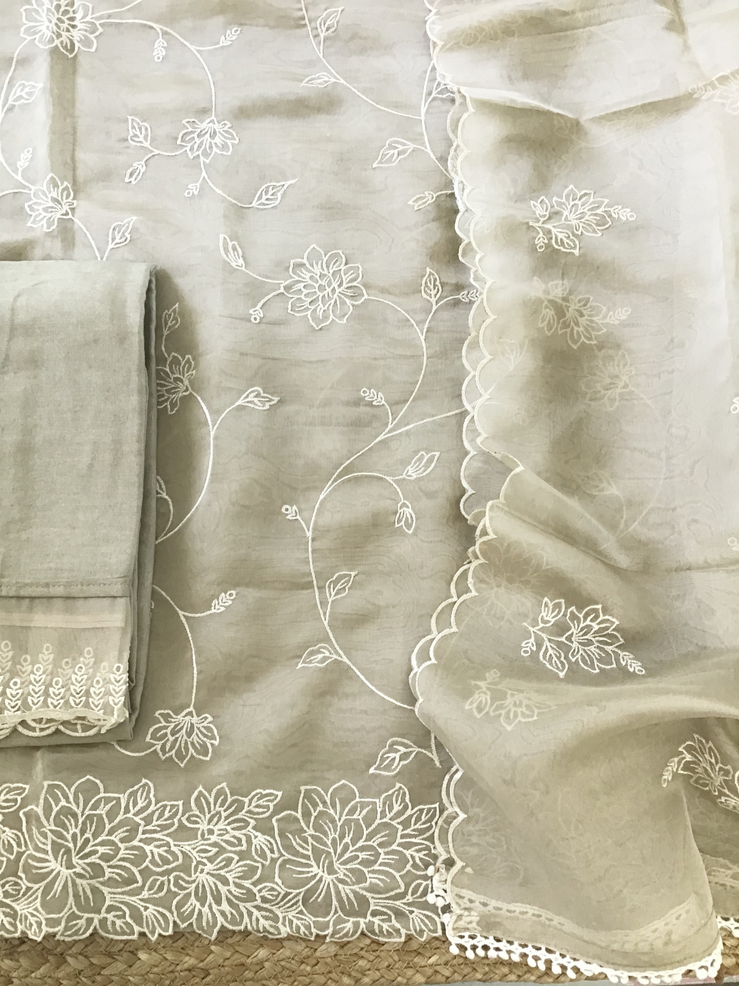 Soft Organza Embroidered Suit - Beige