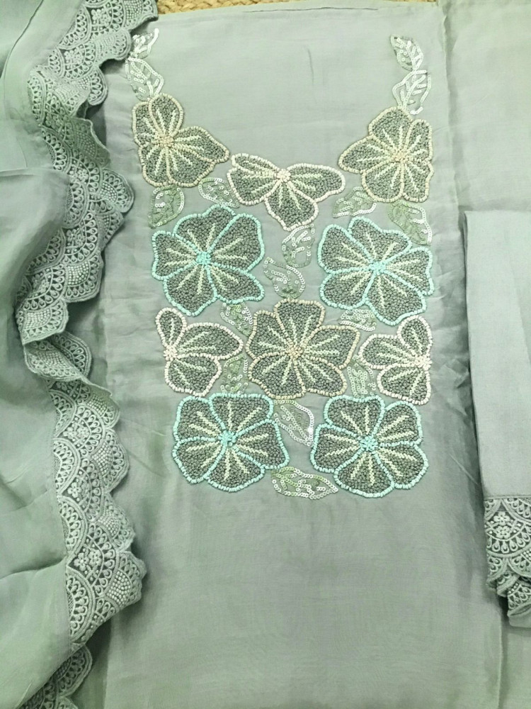 Image of Pure Fine Chanderi Embroidered Suit - Green