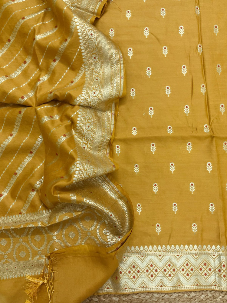 Image of Pure Chanderi Silk Banarasi Weaved Suit - Yellow