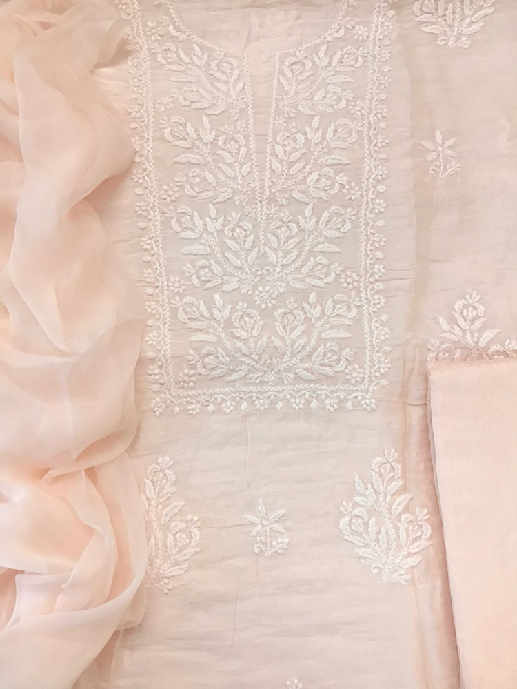 Image of Pure Chanderi Chikankari Work Suit - Peach