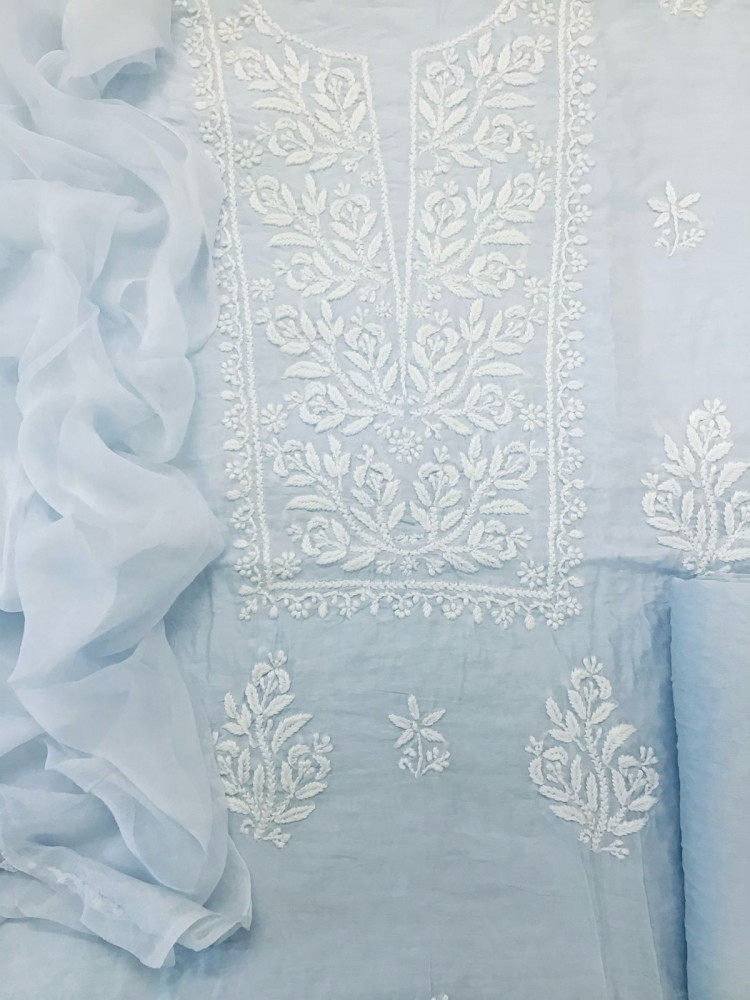 Image of Pure Chanderi Chikankari Work Suit - Blue