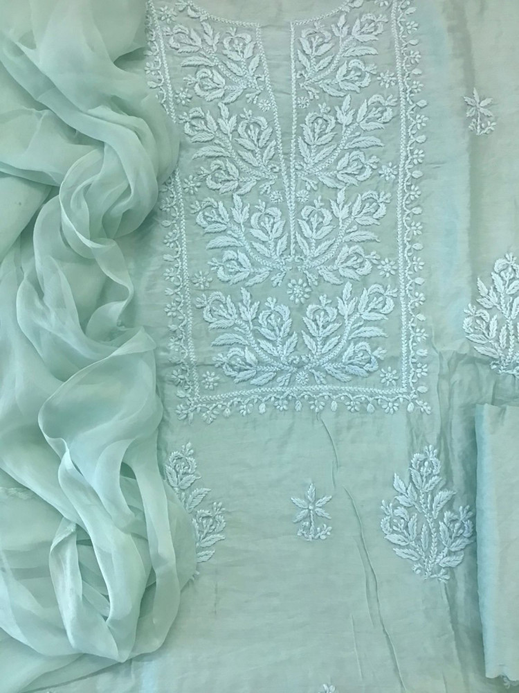 Image of Pure Chanderi Chikankari Work Suit - Seagreen