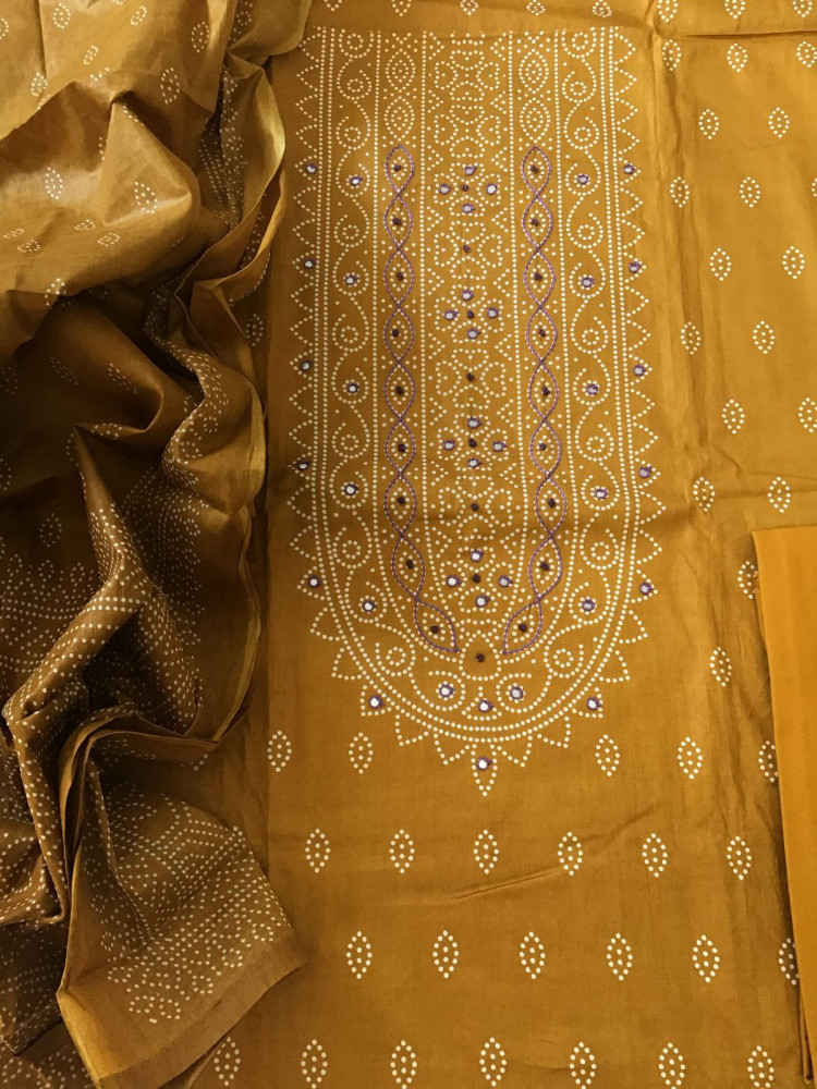 Image of Pure Cotton Printed Embroidered Suit - Mustard Yellow