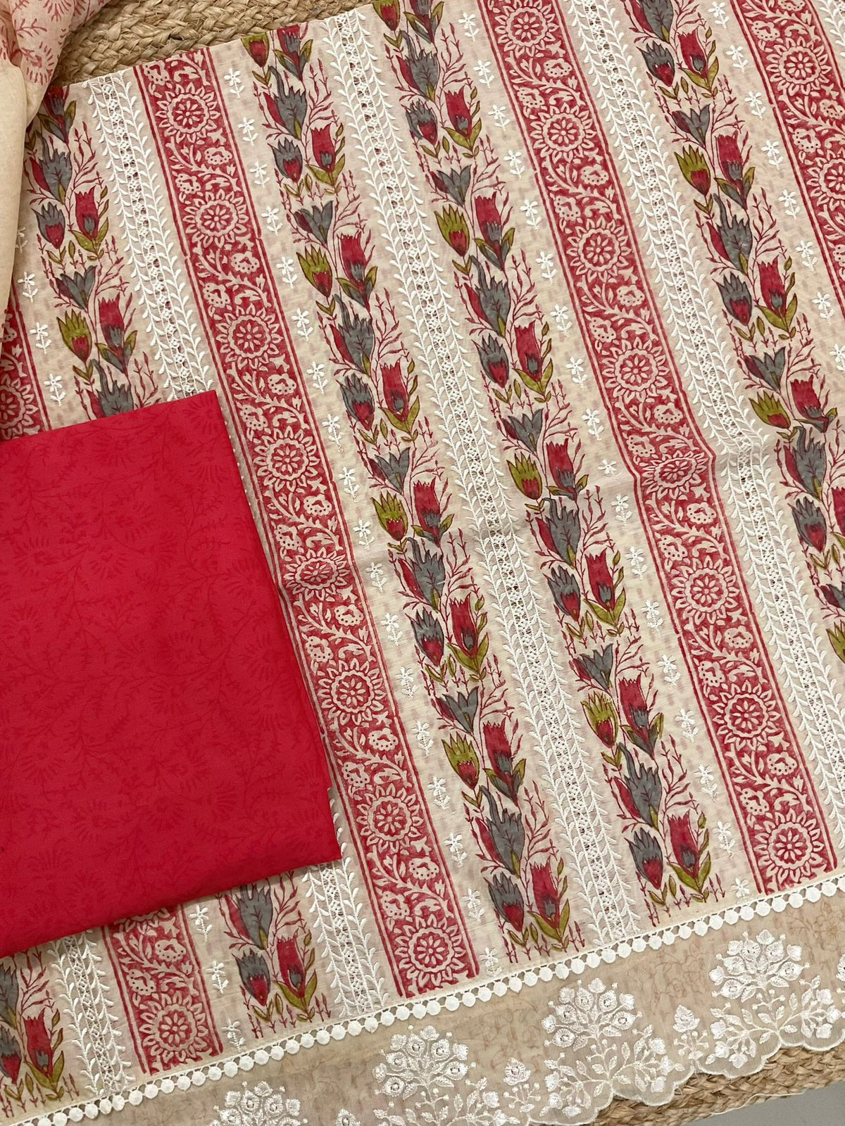 Pure Chanderi Printed Embroidered Suit - Beige