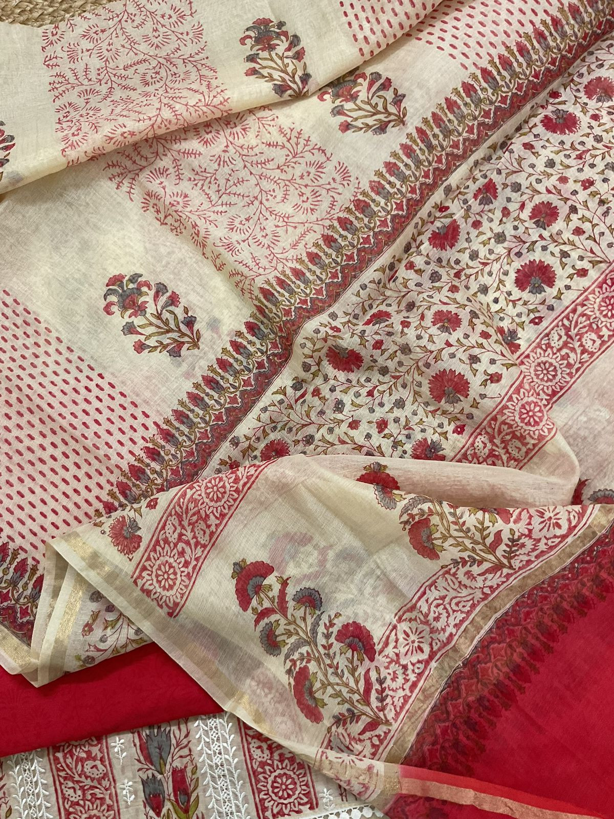 Pure Chanderi Printed Embroidered Suit - Beige