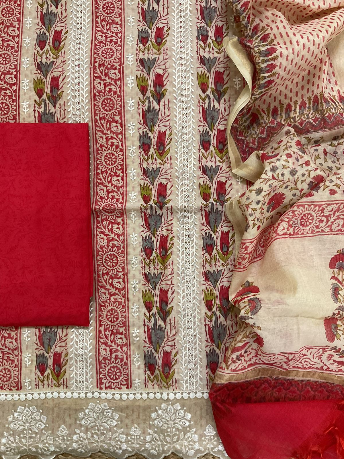 Pure Chanderi Printed Embroidered Suit - Beige