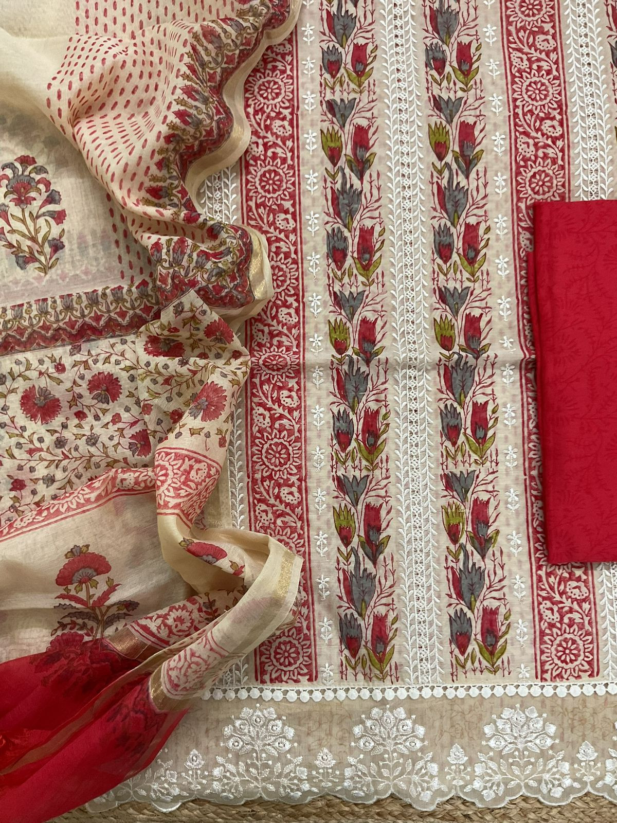 Pure Chanderi Printed Embroidered Suit - Beige