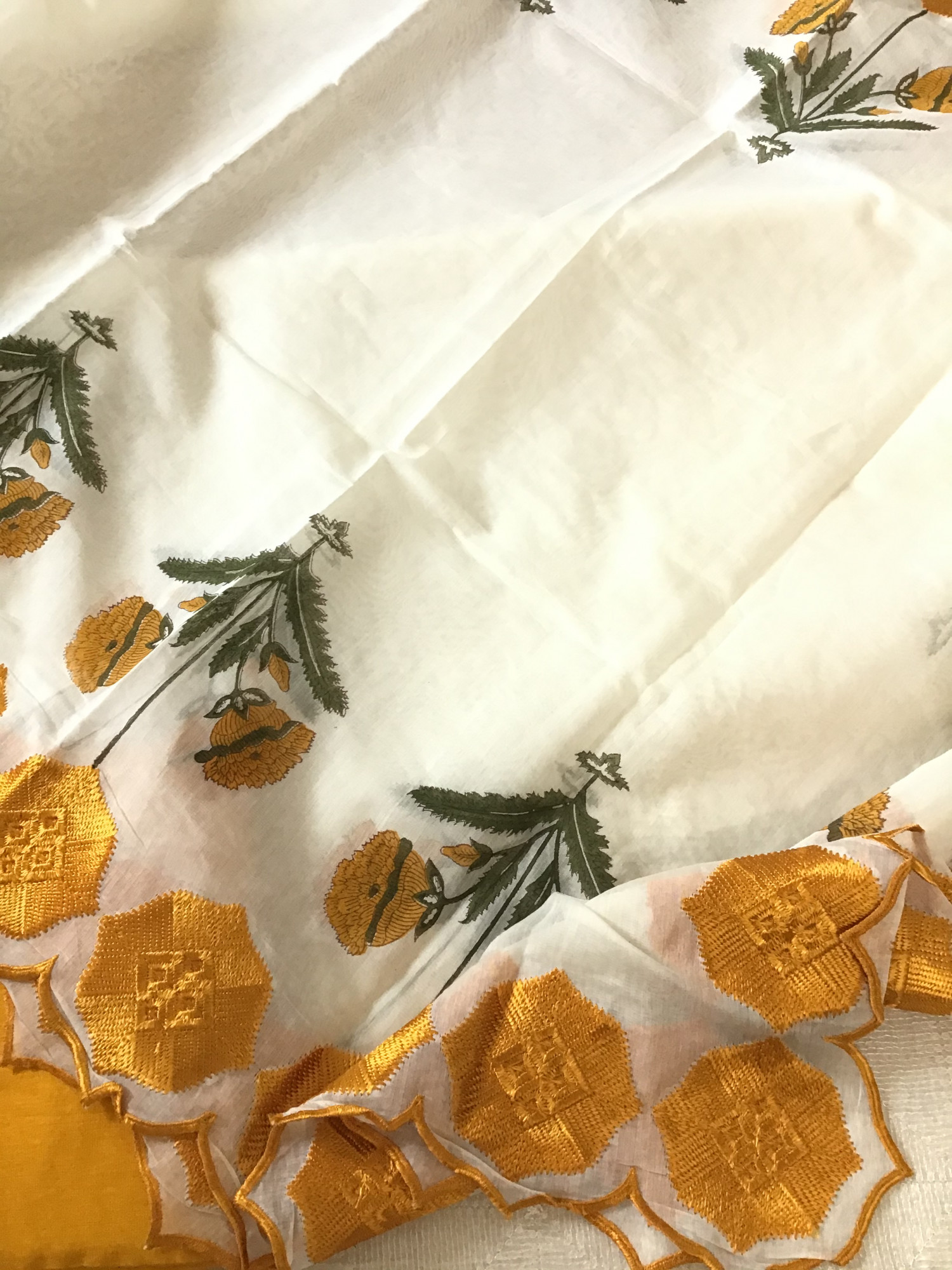 Pure Chanderi Printed Embroidered Suit - Off White