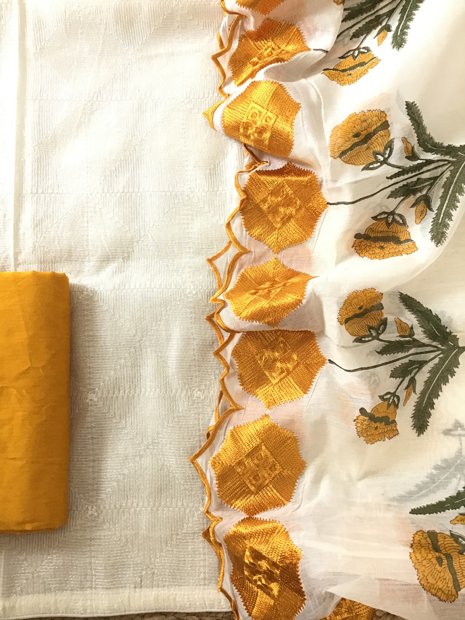 Pure Chanderi Printed Embroidered Suit - Off White