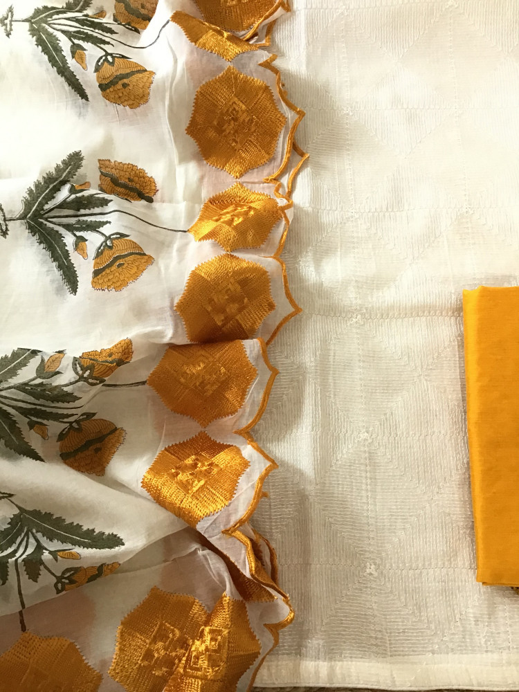 Image of Pure Chanderi Printed Embroidered Suit - Off White