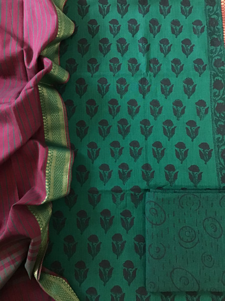 Image of Pure Mangalgiri Cotton Printed Suit - Green