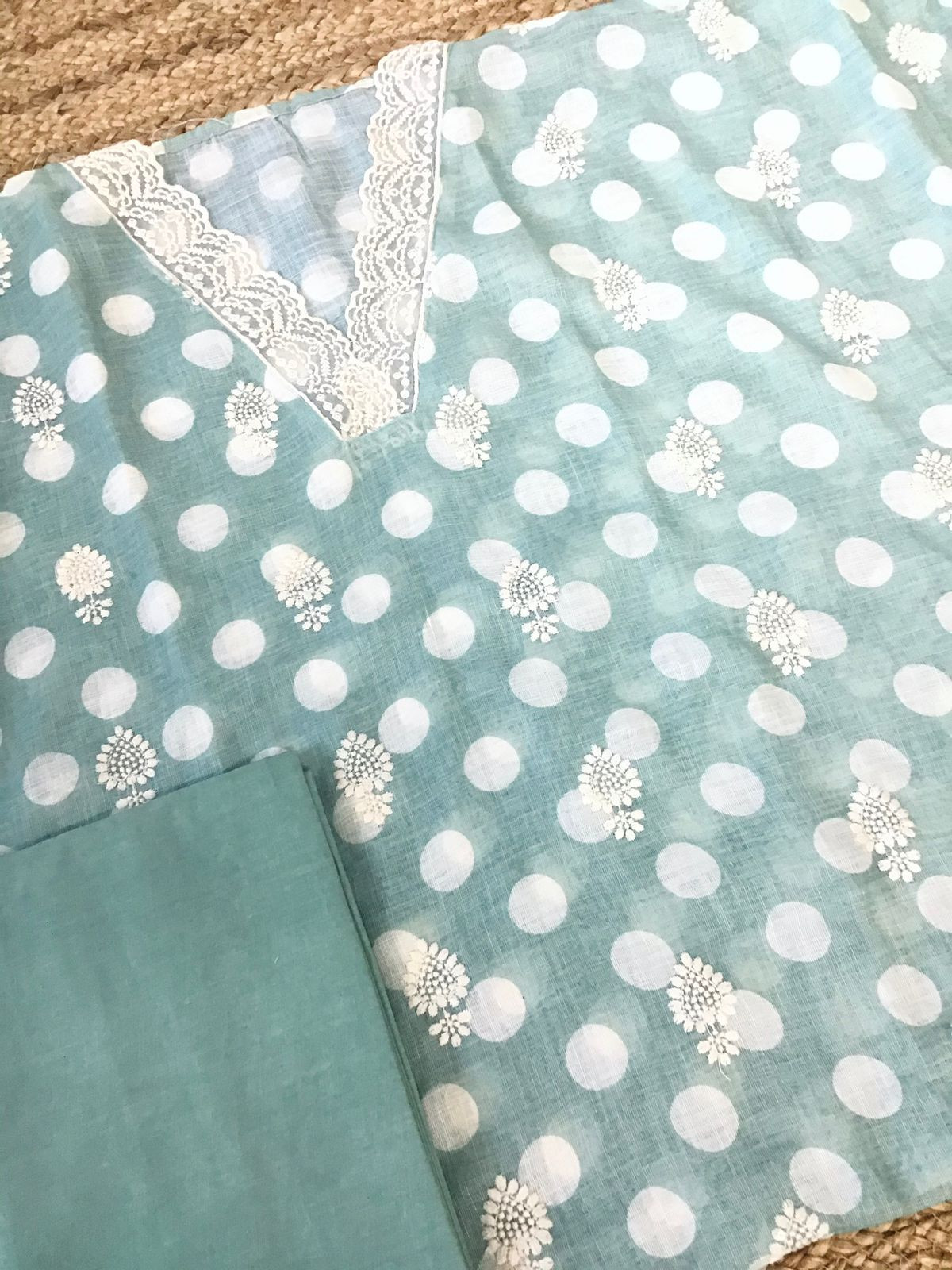 Soft Linen Jute Cotton Printed Embroidered Suit - Green
