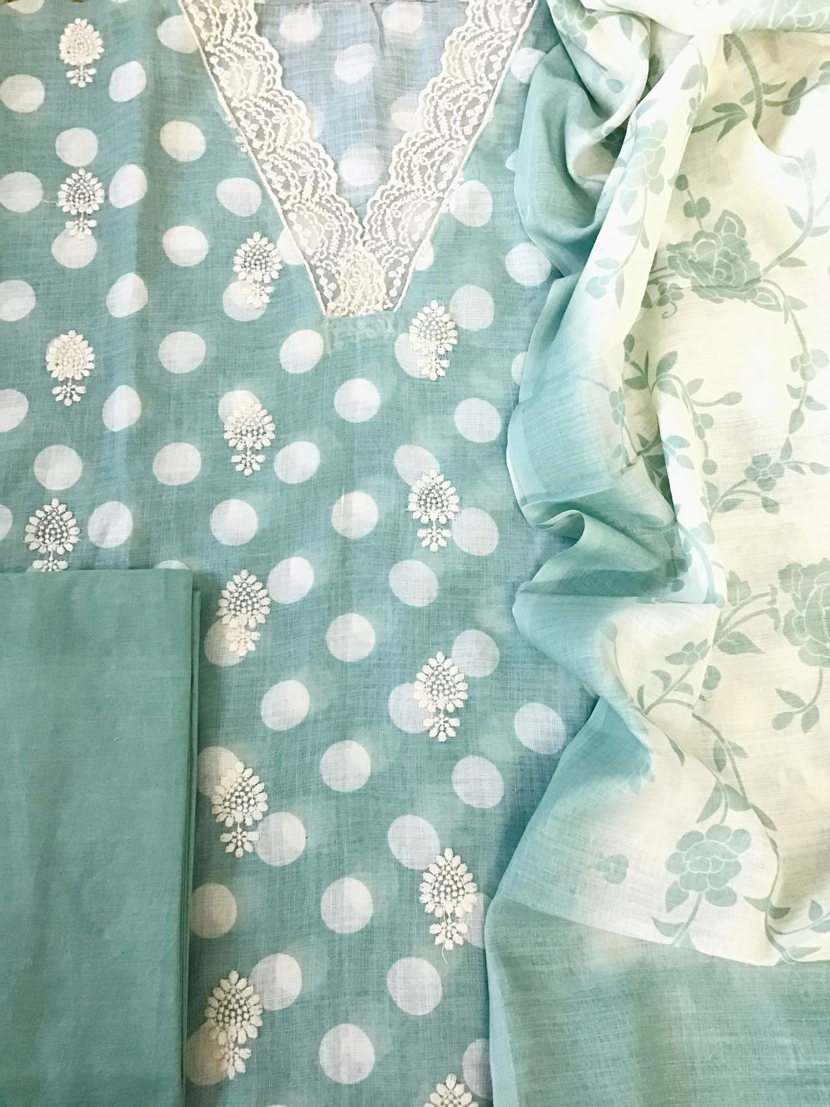 Soft Linen Jute Cotton Printed Embroidered Suit - Green