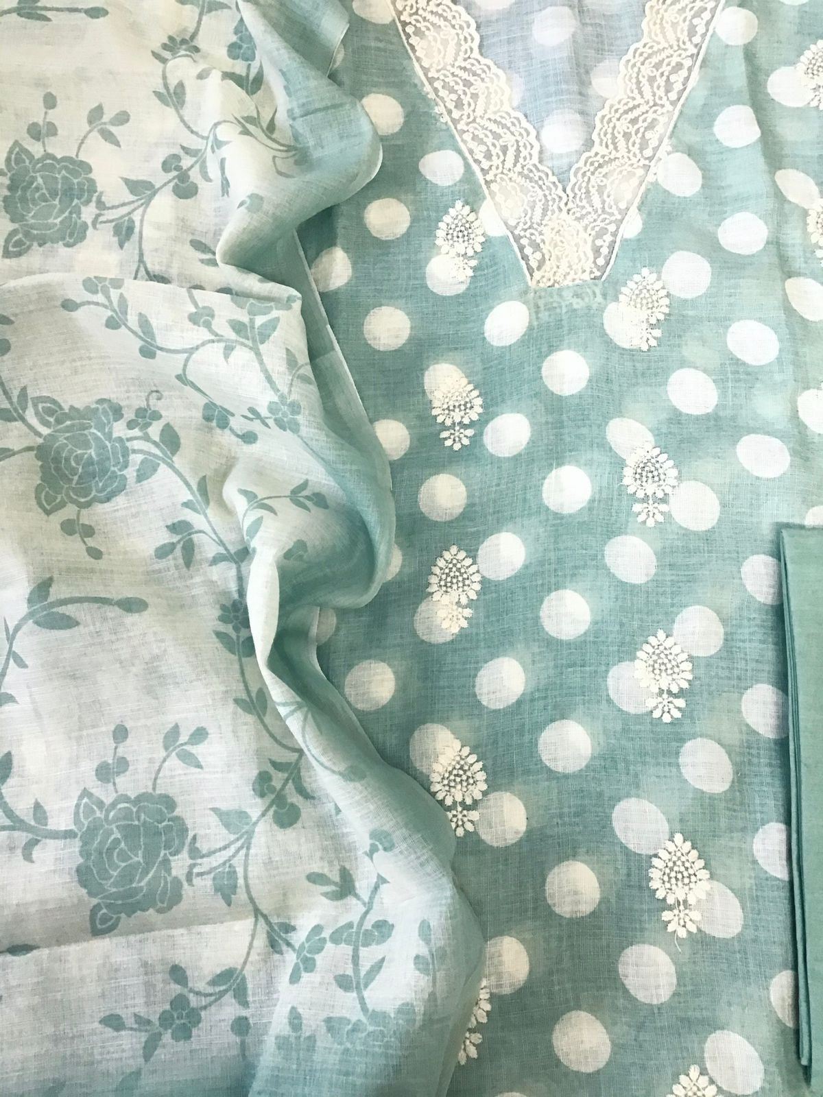 Soft Linen Jute Cotton Printed Embroidered Suit - Green