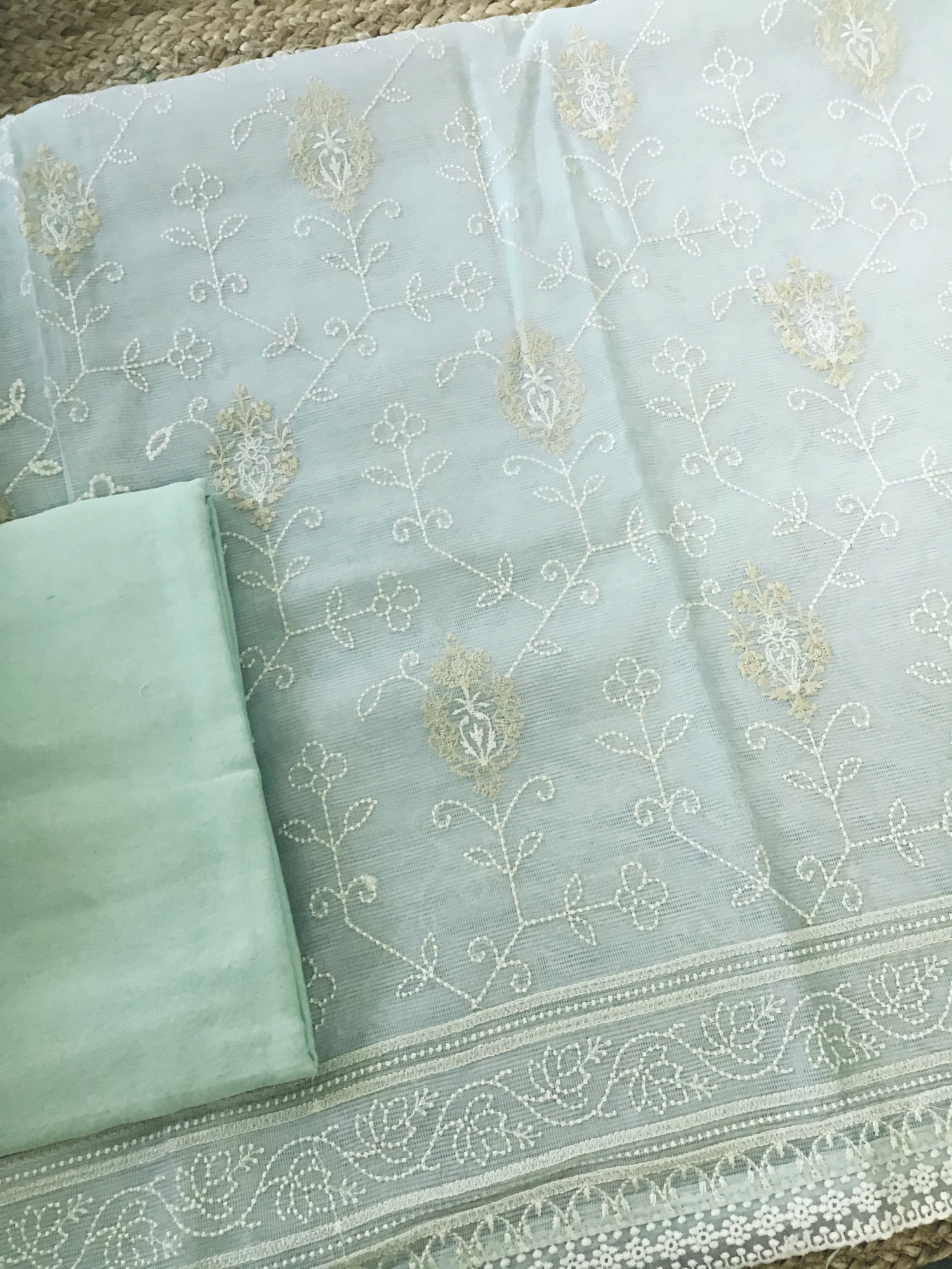 Soft Fine Supernet Embroidered Suit - Sea Green