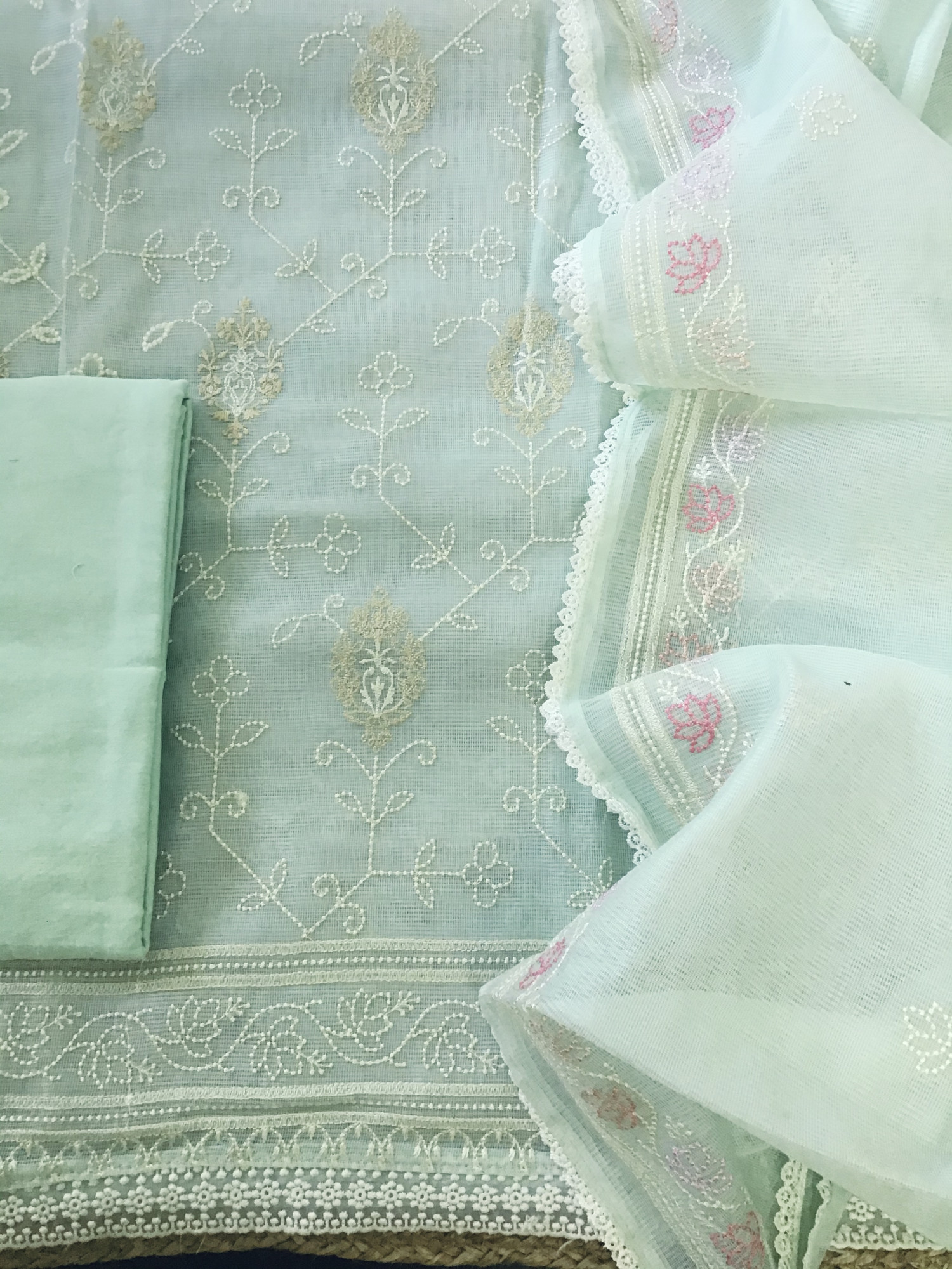 Soft Fine Supernet Embroidered Suit - Sea Green