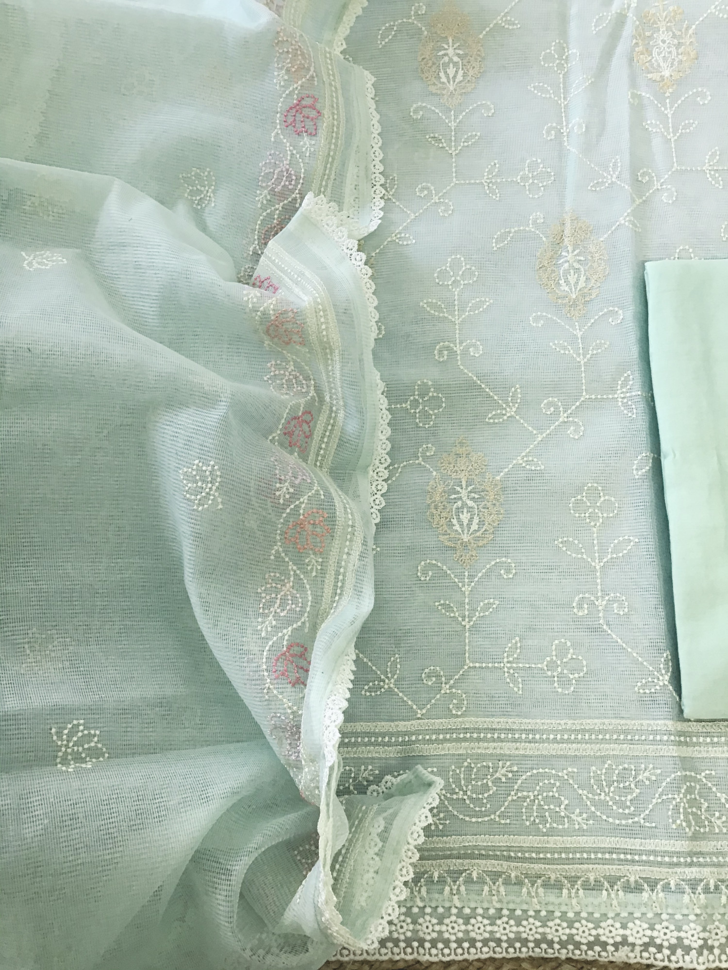 Soft Fine Supernet Embroidered Suit - Sea Green