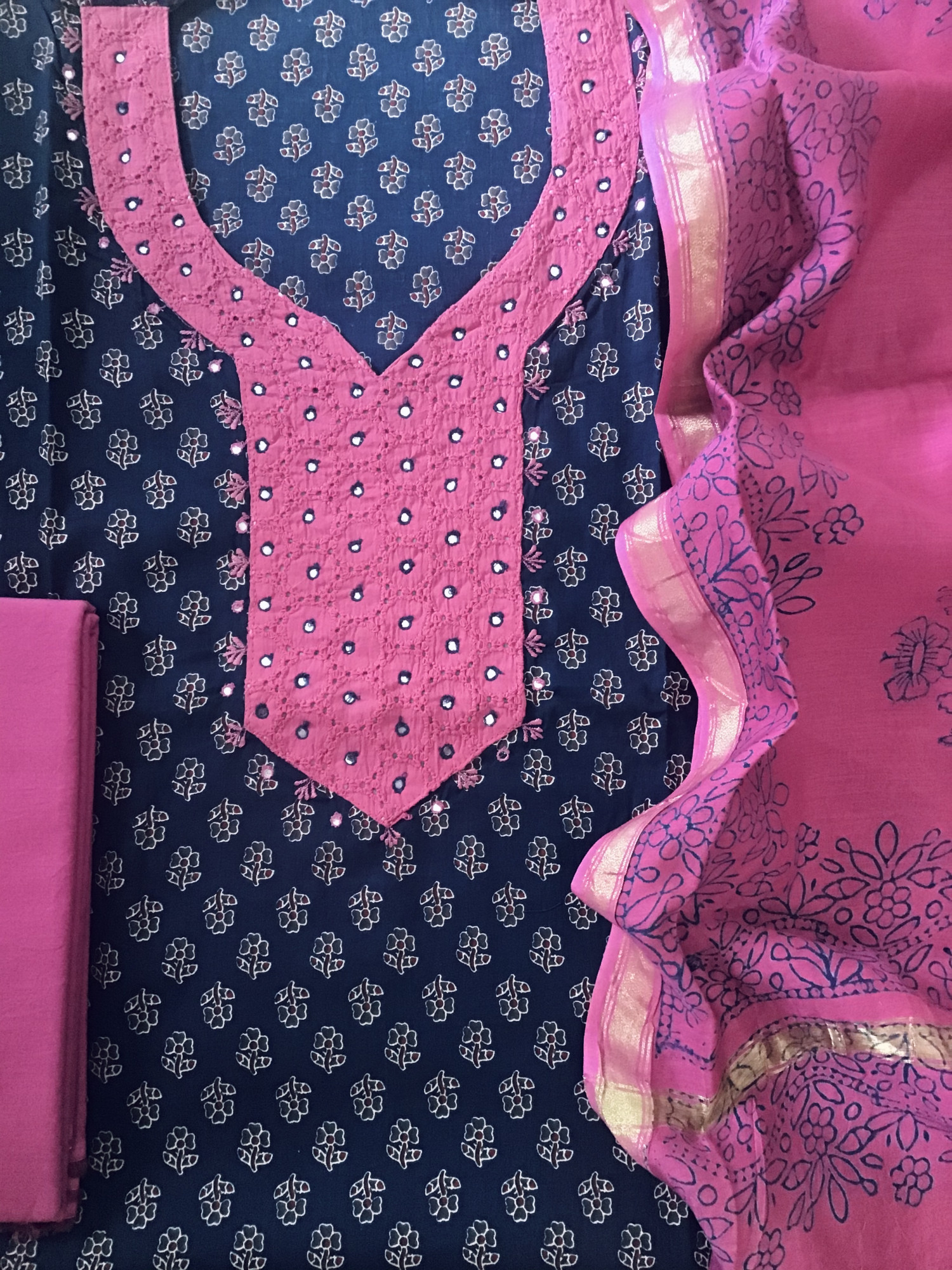 Pure Cotton Printed Embroidered Suit - Blue