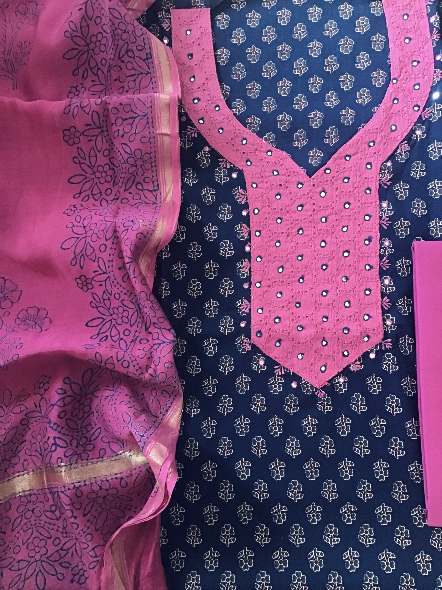 Pure Cotton Printed Embroidered Suit - Blue