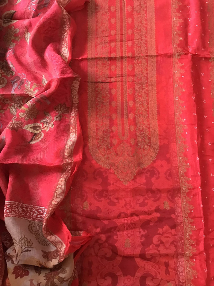 Image of Pure Upada Silk Printed Banarasi Weaved Suit - Red