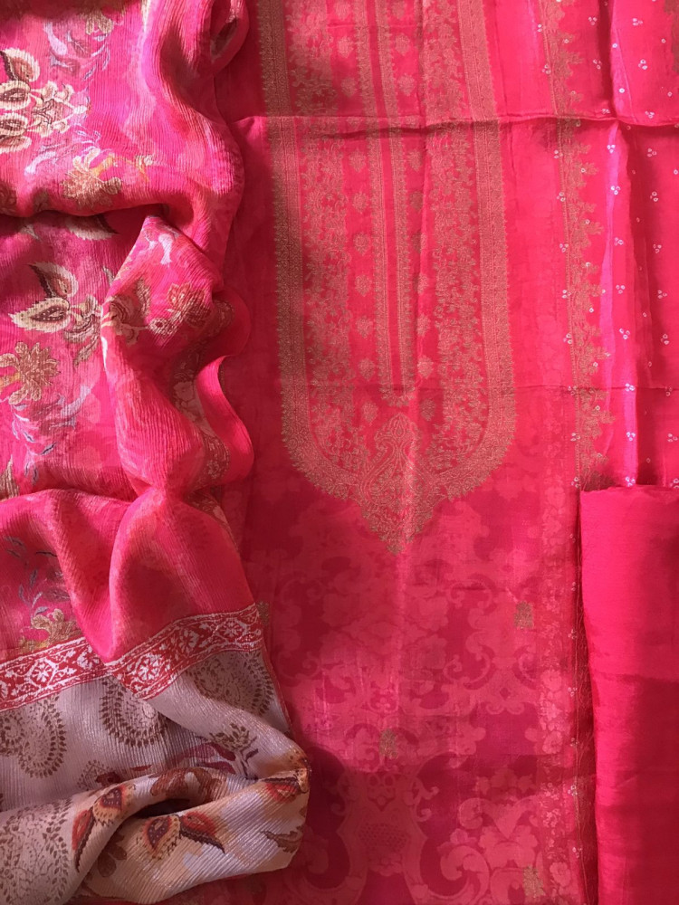 Image of Pure Upada Silk Printed Banarasi Weaved Suit - Pink
