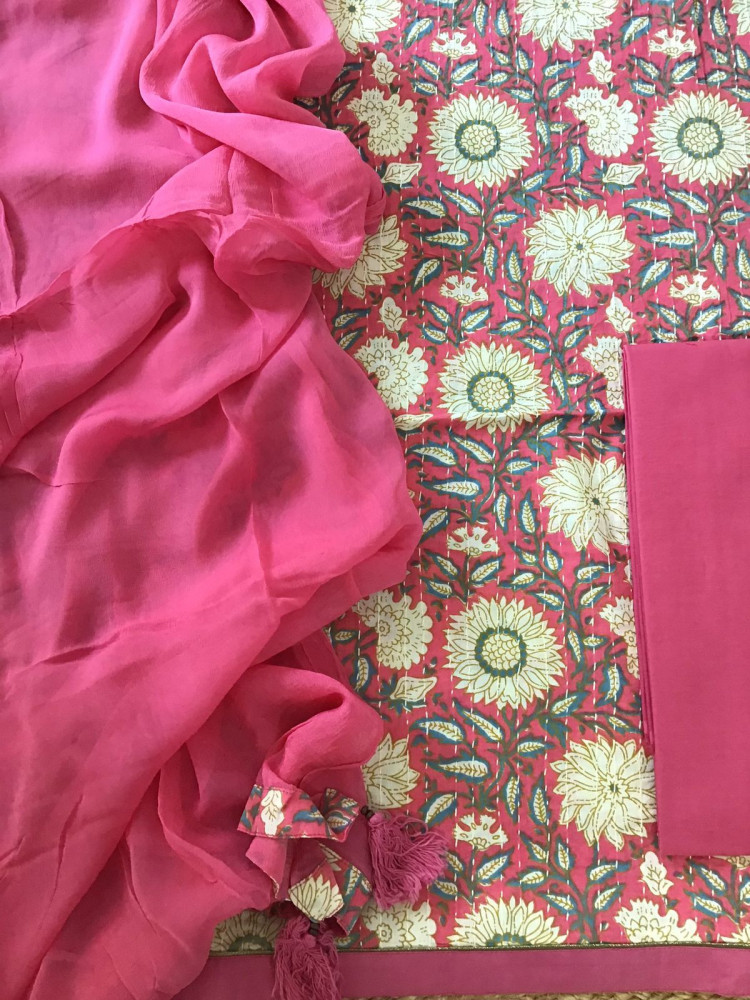 Image of Pure Cotton Printed Embroidered Suit - Pink