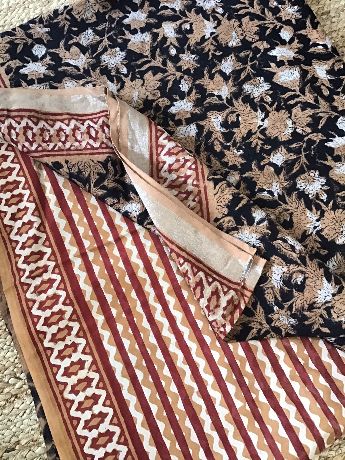 Pure Linen Jute Cotton Printed Suit - Black
