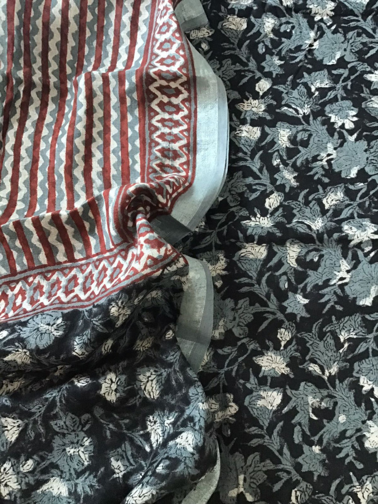 Image of Pure Linen Jute Cotton Printed Suit - Black