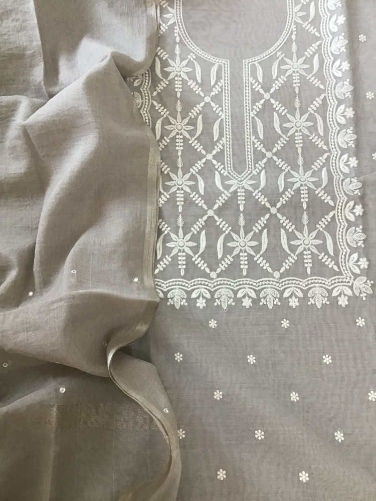 Image of Soft Chanderi Embroidered Suit - Grey
